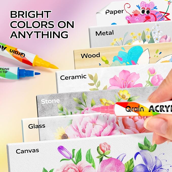 Qrain Acrylic Paint Markers Set, 168 Colors, Dual Tips (Brush & Fine), Water-Based Acrylic Markers for Rock, Wood, Glass, Fabric, Ceramics & DIY Crafts