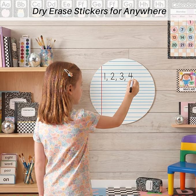Ireer 12 Pcs 13 '' Dry Erase Dots for Classroom Table Classroom Decor Boho Colorful Stickers for Whiteboard Wall Decor Removable Dry Erase Circles for School Teacher Supplies(Striped,Blue Color)