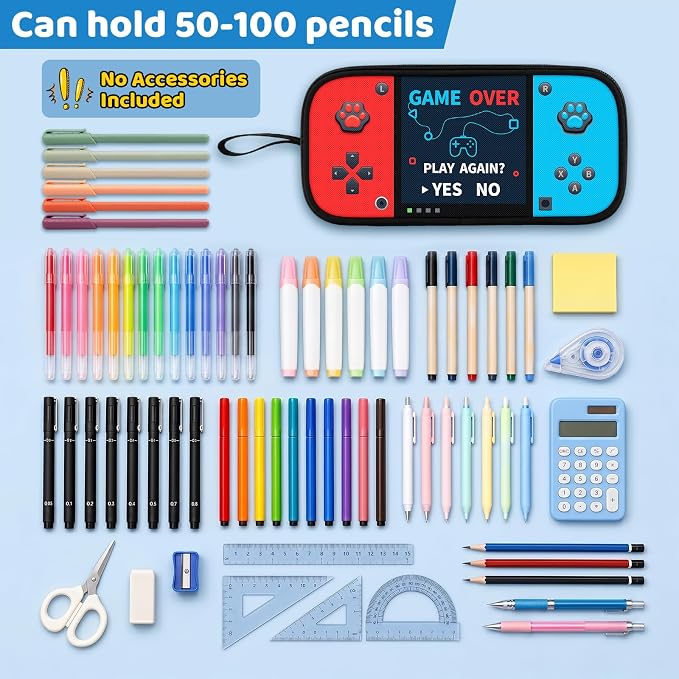 Game Controller Pencil Case for Boys Kids Teens, Large Capacity Pencil Pouch with 3 Compartments, 7 Pockets and Label Pocket for School College Office Travel (Red & Blue)