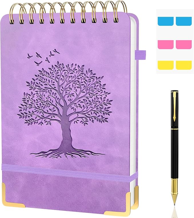 Mousbull A5 Top Spiral Notebook, Tree Pattern Large Leather Hardcover Left Handed Journal, 240 Pages 100 Gsm Lined Paper Top Bound Steno Pads for Work, School, Travel Writing - Purple, 5.9" x 8.5"