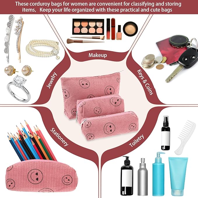 Huhumy 3 Pcs Makeup Bag Set for Women Corduroy Cosmetic Pouch Aesthetic Smile Travel Toiletry Bag Cute Purse Pouch Pencil Case Makeup Brushes Storage Organizer with Zipper(Pink,Smile Face)