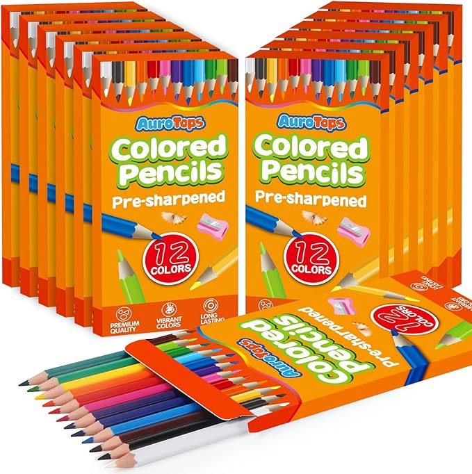 AuroTops 12 Pack Colored Pencils,144 Count Pre-Sharpened Colored Pencils Bulk,12 Color Pencil for Classroom Prizes Gifts,Back to School Supplies,Coloring Pencil Art Supplies