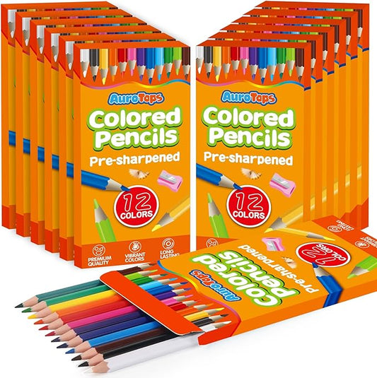AuroTops 12 Pack Colored Pencils,144 Count Pre-Sharpened Colored Pencils Bulk,12 Color Pencil for Classroom Prizes Gifts,Back to School Supplies,Coloring Pencil Art Supplies