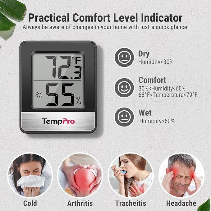 TempPro TempAir Black 2 Pack Digital Hygrometer Indoor Thermometer | Humidity Meter Room Thermometer with Temperature and Humidity Monitor Mini Hygrometer Black Weather Station