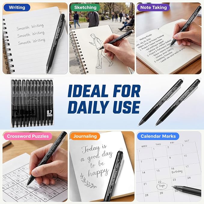 sunacme Retractable Erasable Gel Pens, 12 Solid Black Fine Point Erasable Pens Clicker, Make Mistakes Disappear, Perfect for Drawing, Writing, Planner & Crossword Puzzles (0.7mm, Pack of 12)