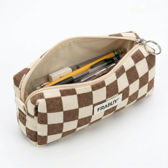 Soft Corduroy Pencil Case Pen Pouch Organizer, Small Stationery Bag | Cute Crown Checkerboard Pouch, Smooth Zipper, Daily Cosmetics Holder, Compact Organizer for School Teen Girls, Women