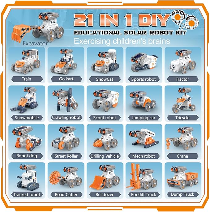 21 in-1 Solar Robot Building Kit STEM Gift for Kids 8-13, DIY Educational Science Robotics Toy Battery Solar Powered STEM Building Toy Set with 210 Pieces