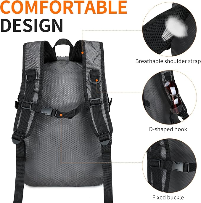 Small Hiking Backpack Travel Lightweight Hiking Packable Daypack Water-Resistant Foldable Backpacks 15L for Travel Women Men Camping (Grey)