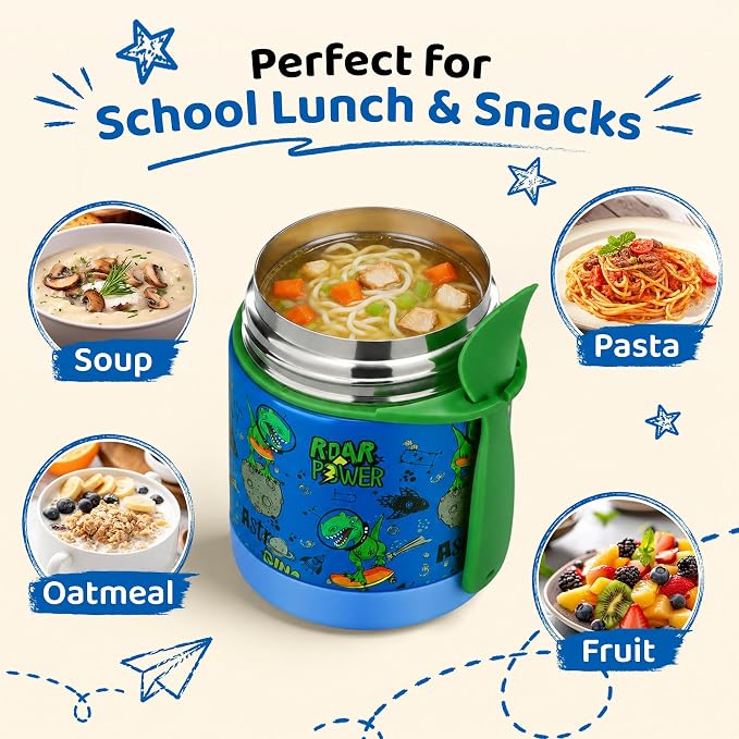 10oz Soup Thermo for Hot Food Kids Insulated Food Jar,Thermo Hot Food Lunch Container, Width Mouth Stainless Steel Lunch Box for Kids with Spoon (Blue-dinosaur)
