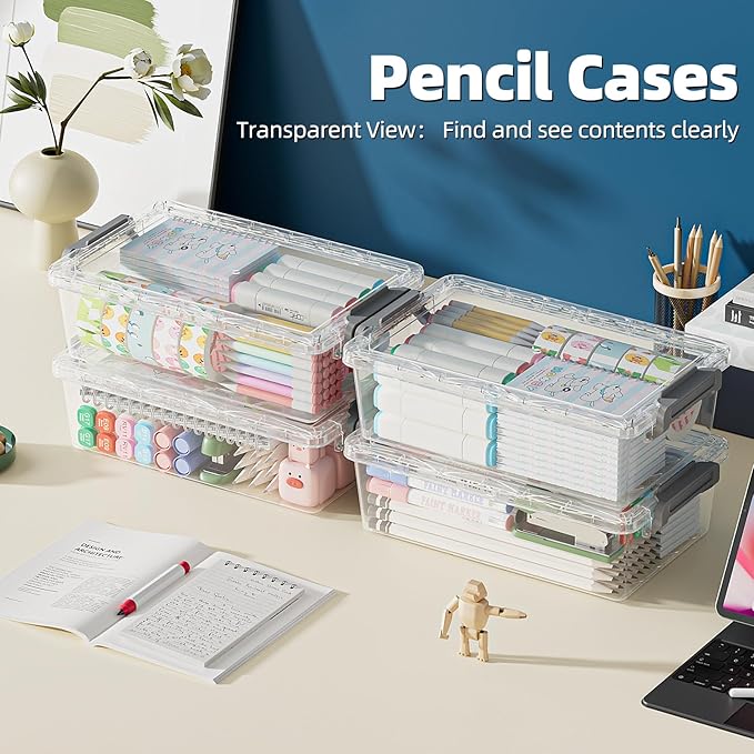 BiuLeon 4 Pack Extra Large Pencil Box, Plastic Pencil Case Organizer, Clear Crayon Box Marker Organizer, Stackable Craft Organizers and Storage for Pen, Craft, Art Supply(Black)