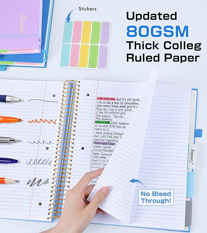 5 Subject Notebook College Ruled,80GSM Paper Thick Hardcover Spiral Notebook Lined Journal with Removable Dividers Tabs,400pages 8.5"x11" Paper Large Notebooks for School Work,3-Hole Punched, Blue