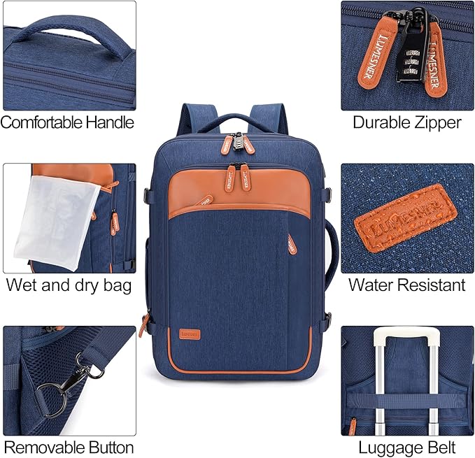 Lumesner Carry on Travel Backpacks, Extra Large 40L Flight Approved Bag for Men & Women,Expandable Suitcase Backpack With 4 Packing Cubes,Water Resistant Luggage Daypack Business Weekender Bag, Blue