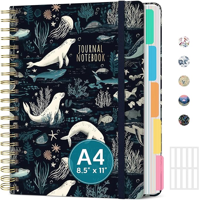 Large Lined Spiral Journal for Women Cute Hardcover 5 Subject Notebook for Work 8.5" x 11" with Removable Dividers & Tabs, College Ruled, 280 Pages Aesthetic Journal for Work, School & Note Taking, Secret Sea