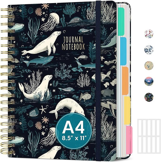 Large Lined Spiral Journal for Women Cute Hardcover 5 Subject Notebook for Work 8.5" x 11" with Removable Dividers & Tabs, College Ruled, 280 Pages Aesthetic Journal for Work, School & Note Taking, Secret Sea