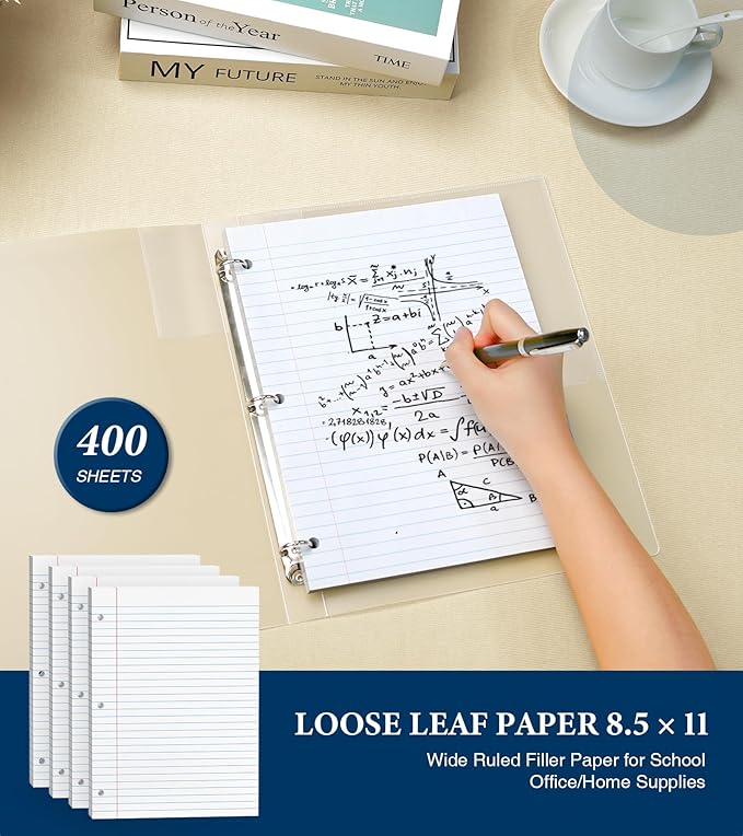 400 Sheets Loose Leaf Paper Wide Ruled Filler Notebook Paper 8.5 x 11 Binder Paper, Wide Ruled Paper Lined Paper, Filler Paper 8-1/2" x 11" Writing Paper with Lines, 3-Hole Punched Fits 3-Ring Binder