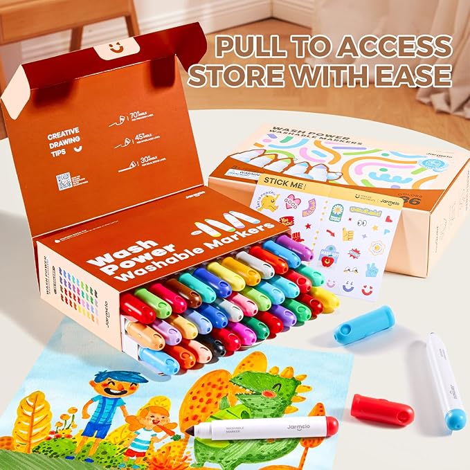 Jar Melo Washable Markers for Kids Toddlers 2-4, Safe Non-Toxic Water Based Markers for Age 1-3 4-8, Coloring Art Supplies for Preschool Gift, 36 Colors