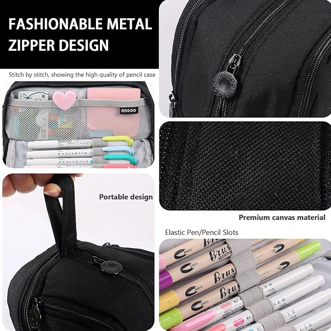 MAMUNU Large Capacity Pencil Case 4 Compartments, Pencil Pouch Bag with Zipper Portable Handle, Pen Case Bag Stationery Organizer for Office College School Adults Teen Girls Boys Men Women, Black