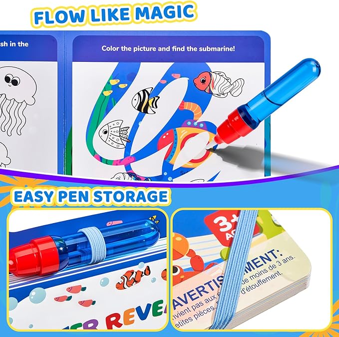 JoyCat Ocean Water Coloring Book for Toddlers 3-5, Reusable No-Mess Water Painting Book with Water Pen, 13 Activity Pages, Travel Toy Gift for Boys & Girls