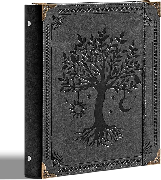 Ovesmusl PU Leather 3 Ring Binder Fits 8.5"x11" Letter Size Paper, 1.5 Inch Round Ring Binder Holds 350 Sheets, Notepad Paper Cover Loose Leaf Organizer, Black Tree