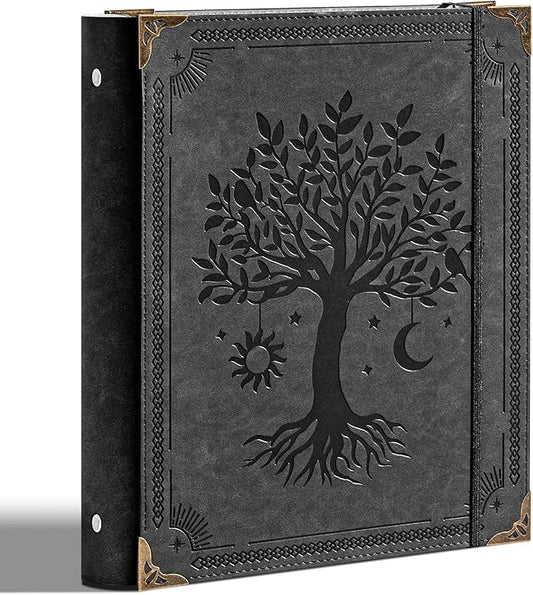 Ovesmusl PU Leather 3 Ring Binder Fits 8.5"x11" Letter Size Paper, 1.5 Inch Round Ring Binder Holds 350 Sheets, Notepad Paper Cover Loose Leaf Organizer, Black Tree