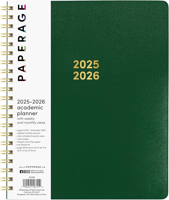 PAPERAGE 17 Month Academic Planner 2025-2026, Weekly & Monthly Spreads, August 2025 - December 2026, Large (8.5 in x 11 in), Dark Green