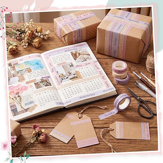 Chuangdi 9 Rolls Calendar Washi Tape Set Day Week Month Number Vintage Calendar Date Washi Masking Tape Decorative Patterned Marking for Arts Crafts Journal Planner (Pink, Purple, Yellow, Blue)