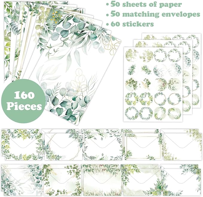 160-Piece Eucalyptus Stationery Envelopes Set – 50 Writing Papers, 50 Envelopes, 60 Sealing Stickers – Greenery Botanical Letter Writing Kit for Invitations, Business, Wedding