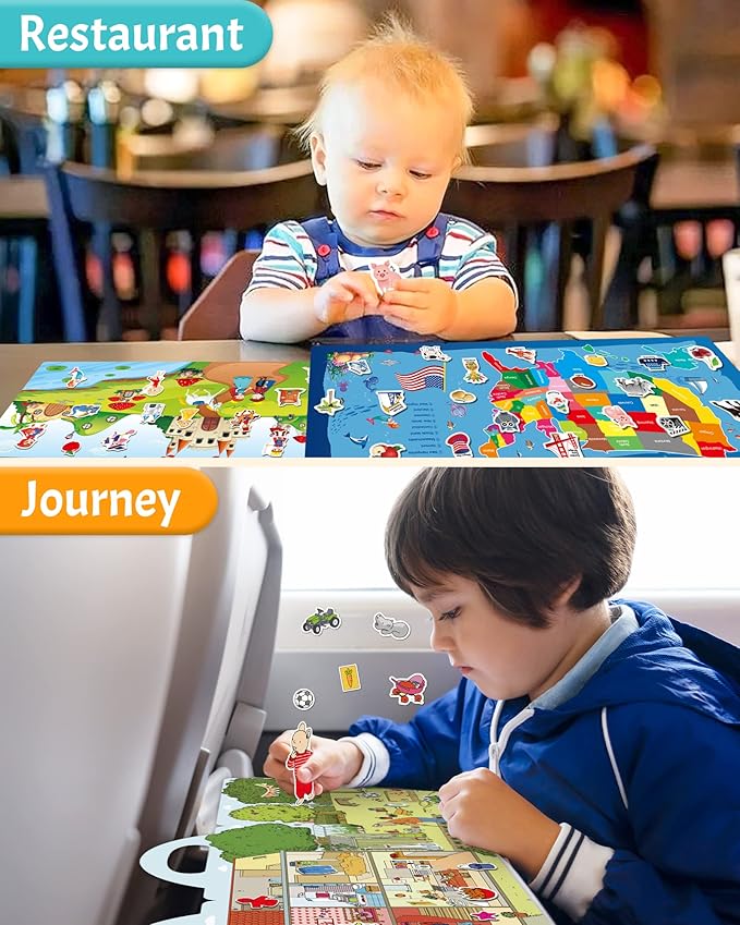 Benresive Reusable Sticker Book for Toddlers, Stickers for Kids, Travel Toys for Arts & Crafts Activities, Birthday Gift for Boys & Girls, America Map, Fairy, My House Themes