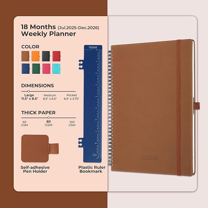 Planner 2025-2026 Daily Weekly and Monthly,11.5"x8.5",18 Months Spiral Bound Calendar Agenda with Self-adhesive Pen Holder,2026 Academic Plan with Vegan Leather Soft Cover,Brown