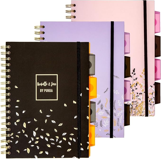 Pukka Pad 5 Subject Spiral Notebook 3-Pack - 200 Pages, 100 Sheets of 80GSM Paper with Repositionable Dividers & Perforated Edges for Office Planning & Organization - B5-7 X 10, Rochelle & Jess