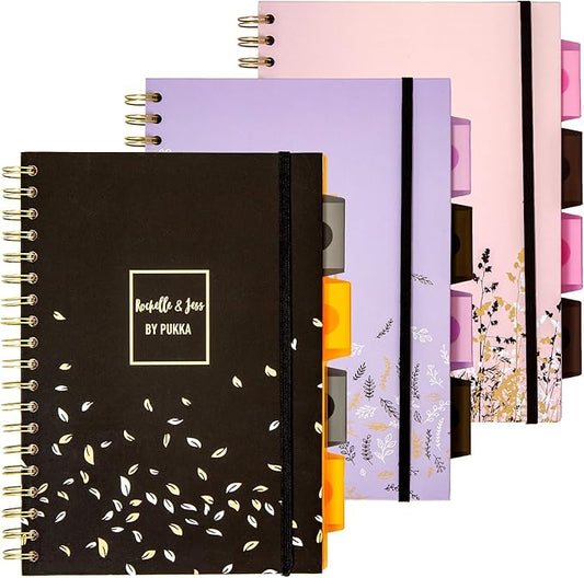 Pukka Pad 5 Subject Spiral Notebook 3-Pack - 200 Pages, 100 Sheets of 80GSM Paper with Repositionable Dividers & Perforated Edges for Office Planning & Organization - B5-7 X 10, Rochelle & Jess