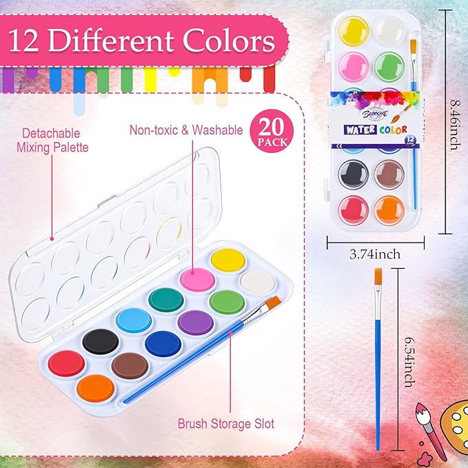 Nuanchu Gifts Bulk Watercolor Paint Washable Watercolor Paint Kits Palette and Brushes Portable Water Color Supplies for Adults, Beginners Artists Graduation Gift(20 Pack,12 Colors)