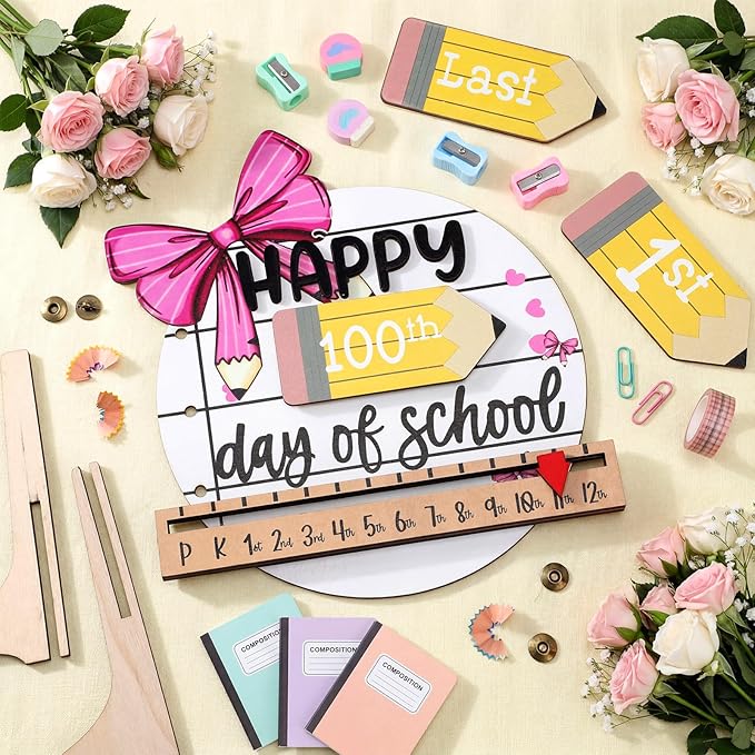 Kosiz First and Last Day of School Sign with Back to School Pink Bow Board Gifts Coquette Wooden First Day Sign Reusable Dry Erase 8''