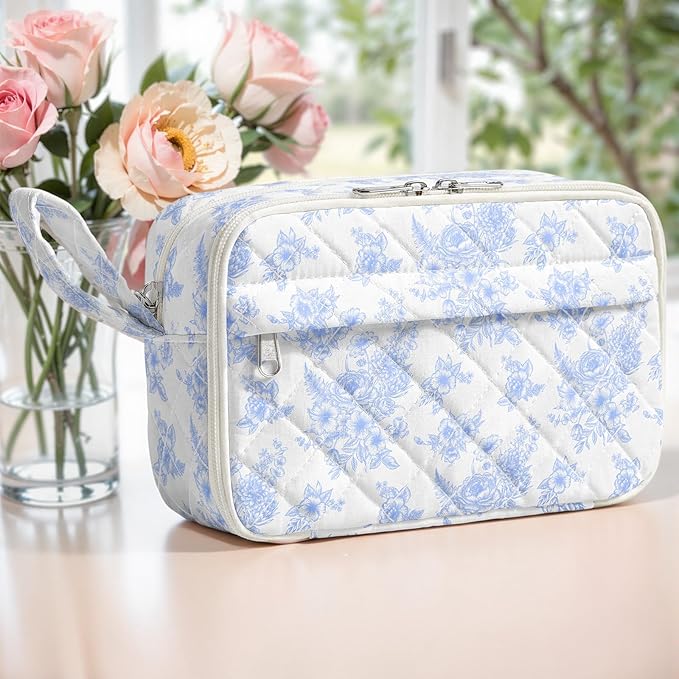 WOBAGMEN Quilted Pencil Pouch for Girls Women, Large Pencil Case Pouch with Compartments Cute Aesthetic Pencil Case Organizer, Floral Pencil Bag for School Supplies (Elegant Blue Floral)