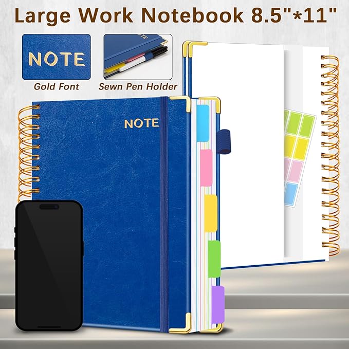 Hardcover Spiral Notebooks for Work 8.5''x 11'', 300 Pages 5 Subject Notebook with Dividers & Tabs, A4 Spiral Journal for Women, College Ruled Notebooks for School Note-Taking (Lake Blue)