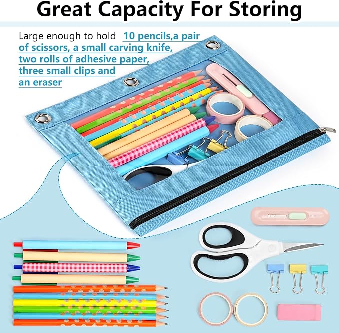 Forvencer Pencil Pouch for 3 Ring Binder, Large Pencil Case Pouch Binder | Zipper Pencil Pouch Pencil Bag with 3 Reinforced Grommets, Pen Bag, Clear Window Pencil Case, Binder Pencil Pouch Box, Black