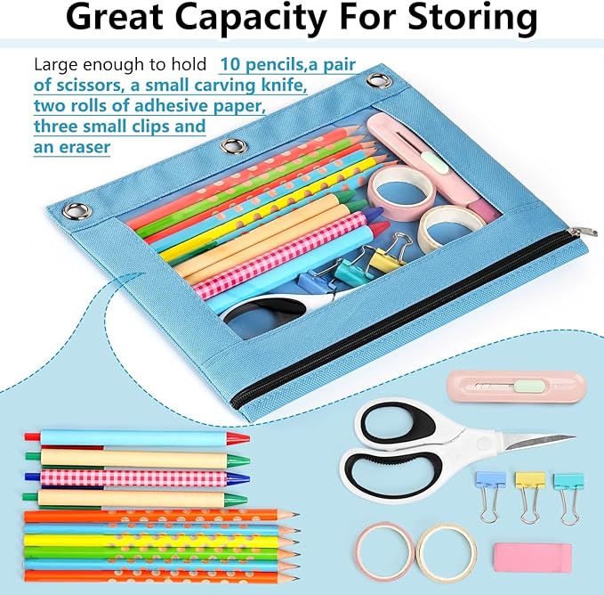 Forvencer 5 Pack Pocket for 3 Ring Binder, Large Pencil Case Pouch | 3 Reinforced Grommets, Pen Bag, Clear Window Pencil Case, Binder Accessories