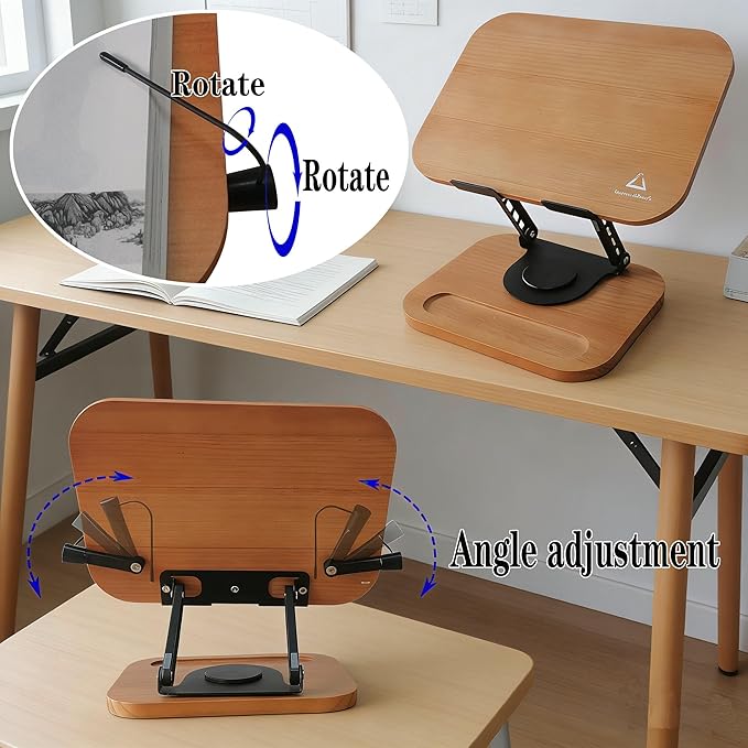 360° Rotating Solid Wood Book Stand - Adjustable Height & Angle, Built-in Storage Tray, Foldable Hands-Free Cookbook/Tablet/Laptop Holder for Kitchen/Office/Bedroom (No Assembly)
