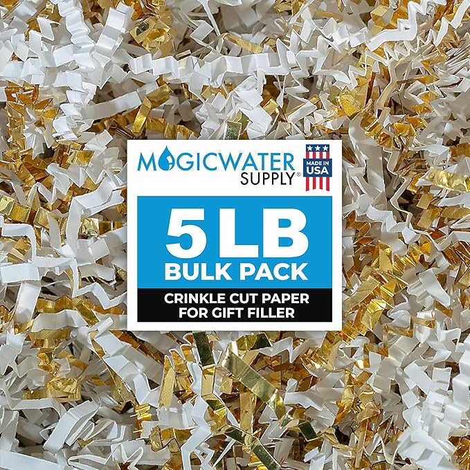 MagicWater Crinkle Cut Paper for Gift Baskets - 5LB - White & Gold - Perfect for Shredded Paper Filler, Basket Filler, Gift Boxes, Bridesmaid Gifts, Christmas Stuffers & More – Ideal for All Occasions