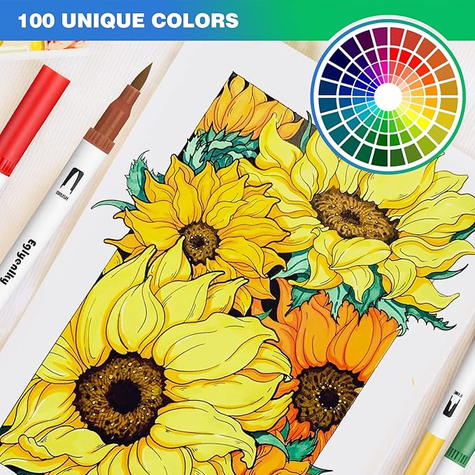 Eglyenlky Markers for Coloring Book Adults Relaxation, Dual Tip Brush Pens with 100 Watercolor Fine Tip Markers and Brush Pens for Kids Coloring