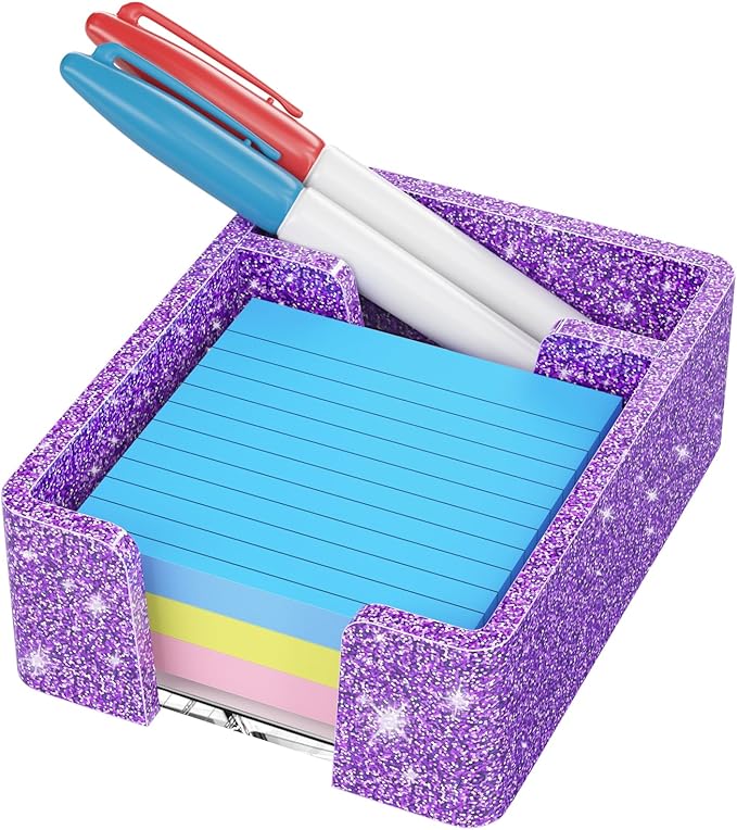 WINFFOR Acrylic Notepad Holder Dispenser - 3x3 in 2IN1 Sticky Note Memo Holder for Desk Organizer (W/O Pads) Office Desk Accessories School Supplies, Glitter Purple
