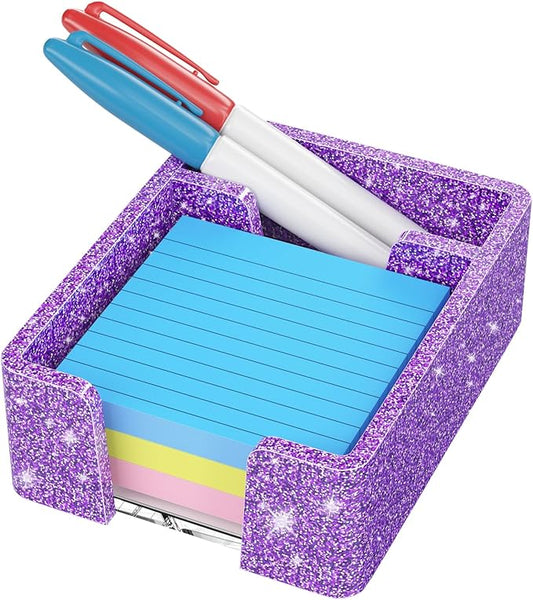 WINFFOR Acrylic Notepad Holder Dispenser - 3x3 in 2IN1 Sticky Note Memo Holder for Desk Organizer (W/O Pads) Office Desk Accessories School Supplies, Glitter Purple
