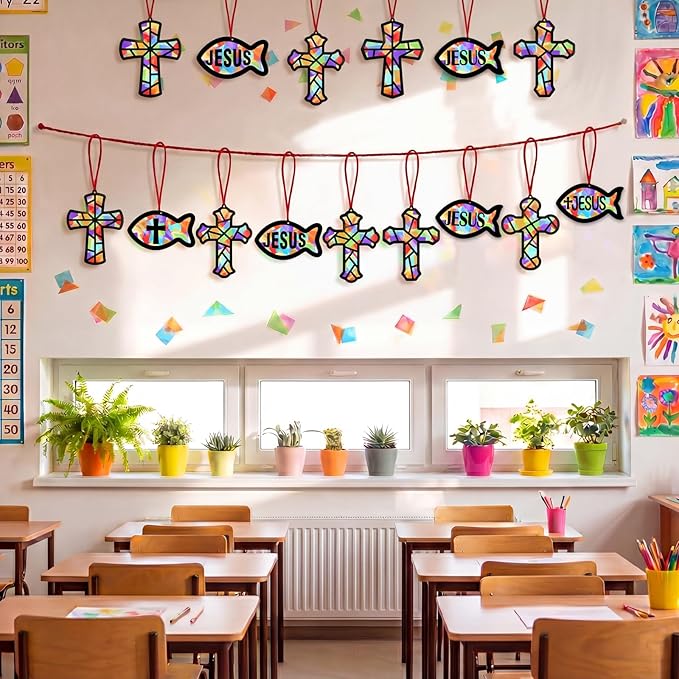 48PCS Sunday School VBS Crafts Bulk: Paper Cross Fish Nativity Suncatchers, Jesus Religious Christian Activity DIY Kits Church Decorations, Window Stained Glass Effect Art Supplies