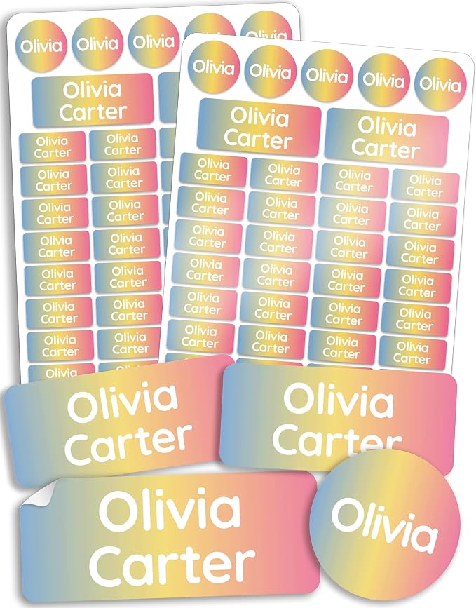 Personalized Daycare Name Labels for Kids [70pcs, Multicolor] - Waterproof Name Stickers for School, Baby Bottles & Clothing - Custom Name Stickers - Washable Stick On Labels (Various Sizes)