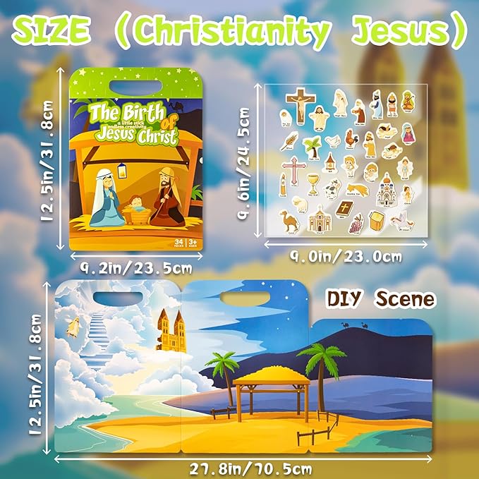 Reusable Sticker Books for Toddlers 1-3, Puffy Stickers Book for Kids Ages 2-4, Toddler Travel Activities Book Toy for Birthday Christmas - Christianity Jesus, Noah's Ark, Fairy Tales(3 Set)