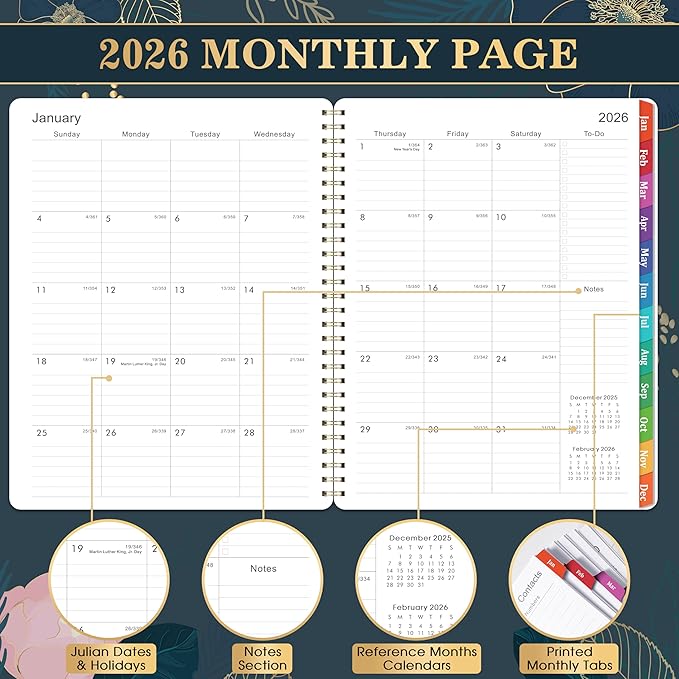2026 Planner - Planner 2026, January - December 2026, Weekly and Monthly Planner, 9'' x 11", 2026 Calendar Planner, Monthly Tabs, Twin-wire Binding, Back Pocket, Holidays