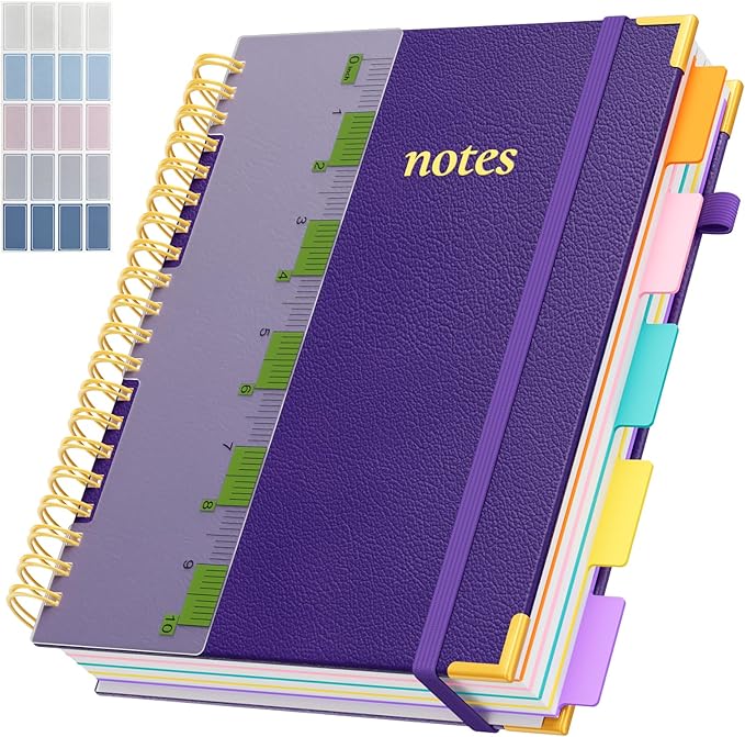 XYark A4 Hardcover Spiral Notebook, 8.5"x11" College Ruled Notebooks with Removable Dividers Tabs & Ruler, 5 Subject Notebook 300 Pages, Large Lined Journal for Women Men School Work Office, Purple