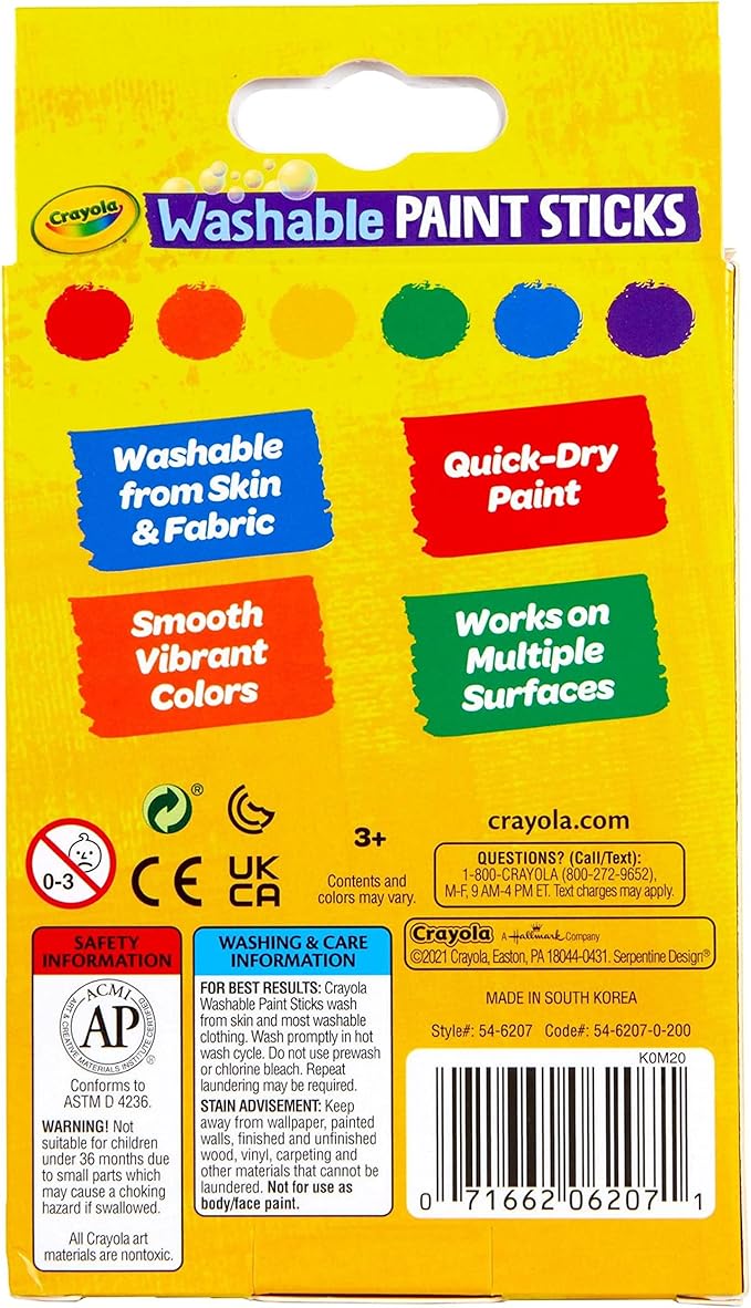 Washable Paint Sticks, No Water Required, Paint Set for Kids, Art Supplies, 6 Count