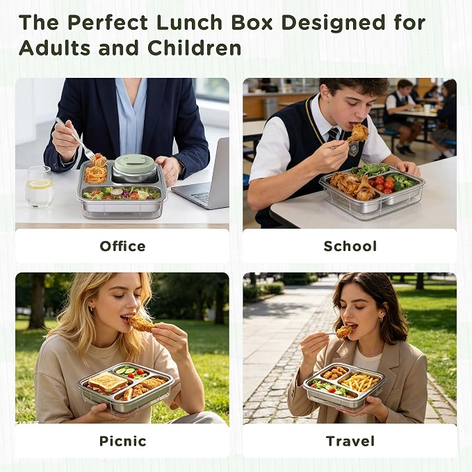 Stainless Steel Bento Lunch Box for Kids Adults with 8oz Insulated Food Jar, Leak-proof, Dishwasher-Safe, Transparent Lid with Sauce Cup and Cutlery Storage for School & Travel,BPA-Free(Green)