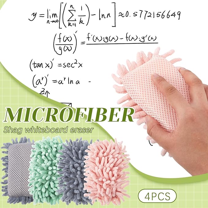 Zonon 4 Pieces Dry Erase Eraser Microfiber Shag Washable Whiteboard Eraser for Markers, Chalk, Home and Office (Pink,Green,Gray)